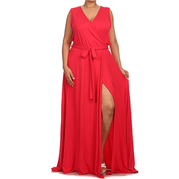 Dresses & Skirts - Plus Size Boho Red Faux Wrap Maxi Dress